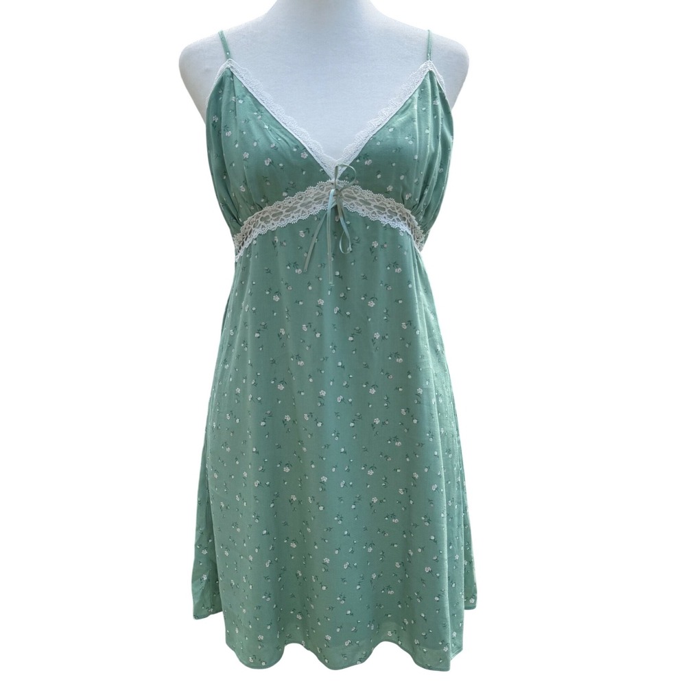 Hollister Green Floral Lace Cutout Back Tie Mini Dress L Cottagecore Empire